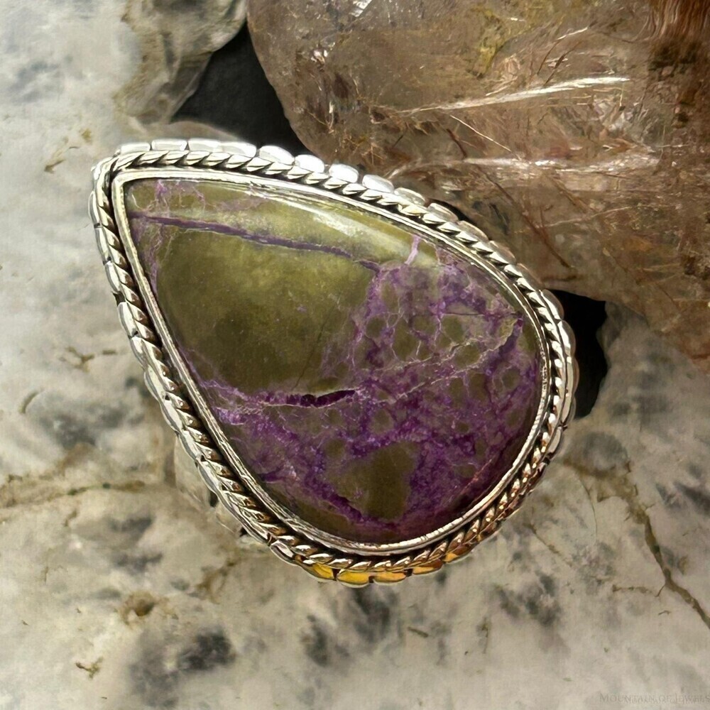 Sterling Silver Southwestern Style Teardrop Stichtite Decorated Ring Size 10.25